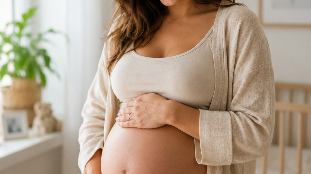 Glad gravid kvinna håller om magen hemma